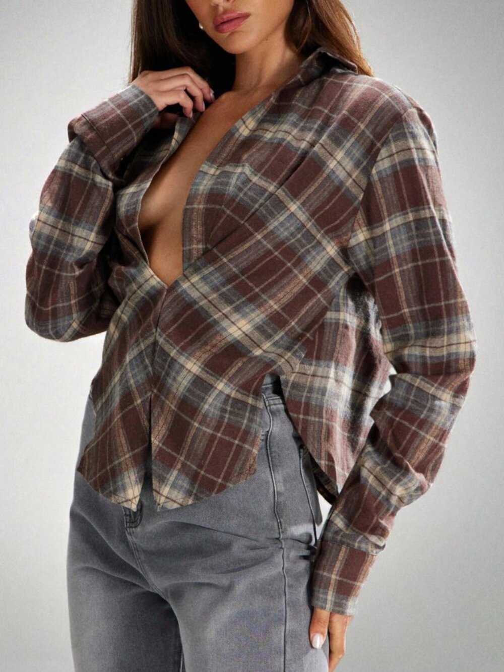 Baby Blue Casual Women's Twisted Front Low Neck Plaid Top